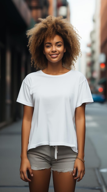 Foto mockup einer jungen frau in einem weißen t-shirt auf der straße vertikales foto