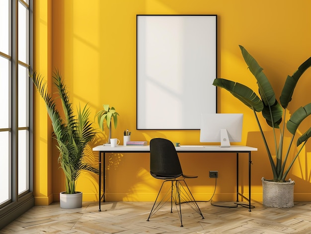 Foto mockup einer leeren, leeren, vertikalen poster-leinwand, die in einem gelbgemalten modernisten eingebettet ist