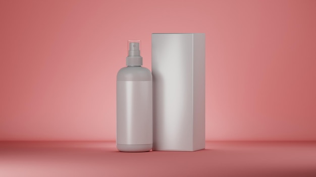 Mockup einer leeren weißen Kosmetik-Spray-Flasche auf rosa Hintergrund 3D-Rendering