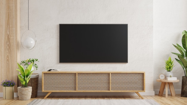 Mockup einer TV-Wand, die in einem Wohnzimmer mit einer weißen Gipswand montiert ist. 3D-Rendering