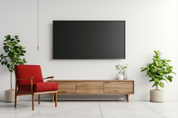 Mockup einer TV-Wand mit rotem Sessel im Wohnzimmer mit einer weißen Wand