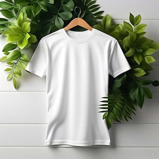 Foto mockup eines blanken t-shirts aus png auf einem holzhänger mit naturhintergrund