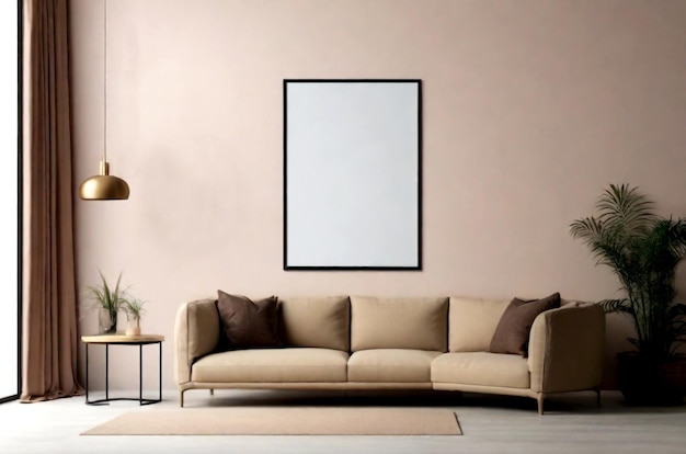 Foto mockup eines leeren plakatrahmens in einem wandzimmer mit sofa