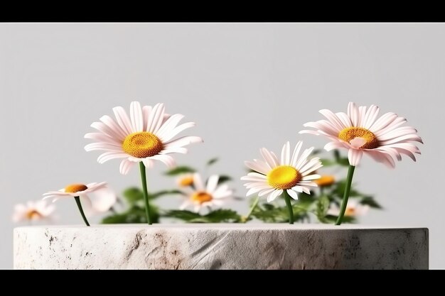 Mockup eines leeren Steinpodiums Kosmetikstand mit Gänseblümchenblüten auf weißem Hintergrund