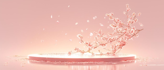 Mockup eines leeren weißen runden Podiums, auf dem kosmetische Schönheitsprodukte auf einem trendigen rosa Korallen-Pastel-Hintergrund mit Sommerblumen, minimalistischer flacher Hintergrund, Top-View