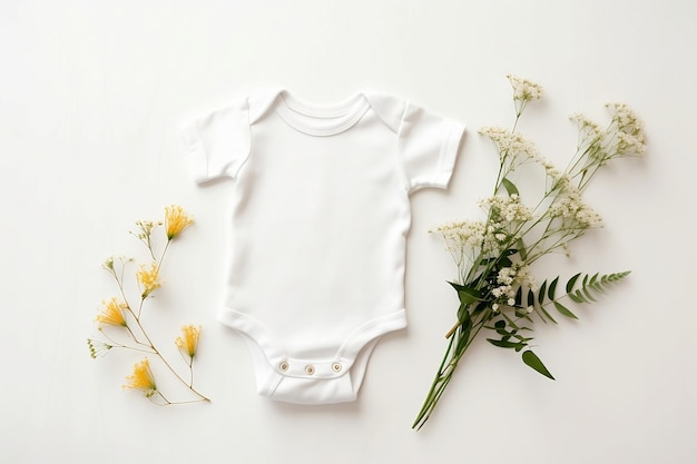 Foto mockup eines weißen baby-bodiesuit auf weißem hintergrund mit gründekorationen baby-body-suit-mockup