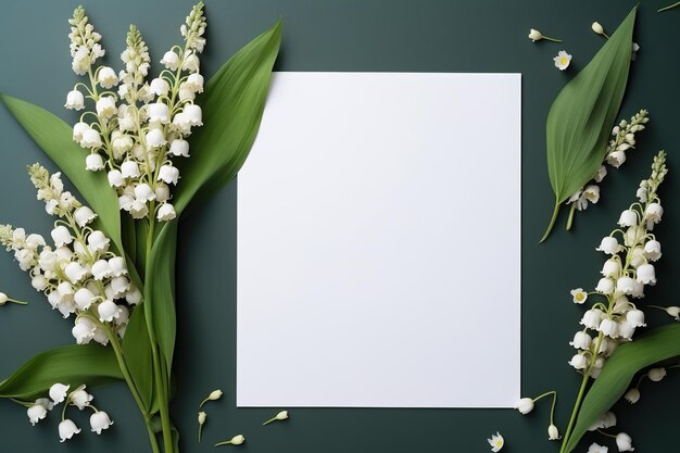 mockup folha de papel em branco com lírios do vale flores vista de cima em fundo verde escuro