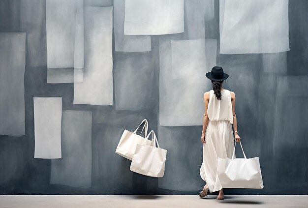 Foto mockup-frau beim einkaufen von taschen im minimalistischen backg-stil