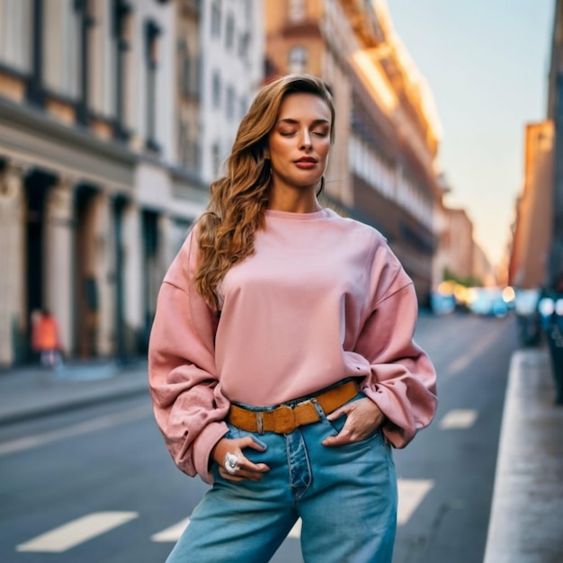 Foto mockup-frau übergroße leere rosa sweatshirt tageslicht hintergrund