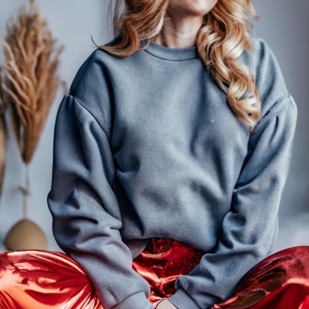 Foto mockup-frau übergroßes blankes schwarzes sweatshirt mit schwarzer hose tageslicht-hintergrund