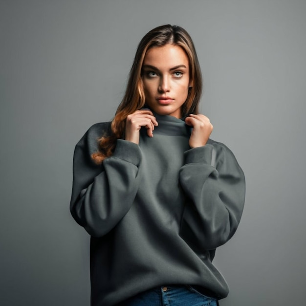 Foto mockup-frau übergroßes blankes schwarzes sweatshirt mit schwarzer hose tageslicht-hintergrund