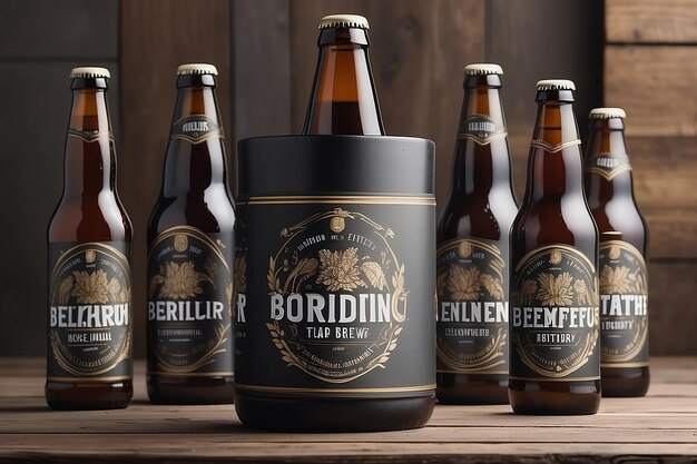 Mockup für Brauerei-Branding mit dem Logo auf Bieretiketten, Kranhändeln und Brauereischildern