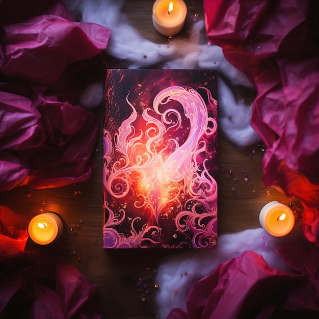 Mockup für ein Fantasy-Buch mit heißer, heißer Farbe, die leidenschaftlich ein paar Kerzen anzündet, generative KI