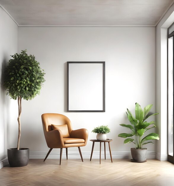 Mockup für Poster im Wohnzimmer mit Ingwerstuhl und Pflanze Copyspace im Rahmen für das Poster