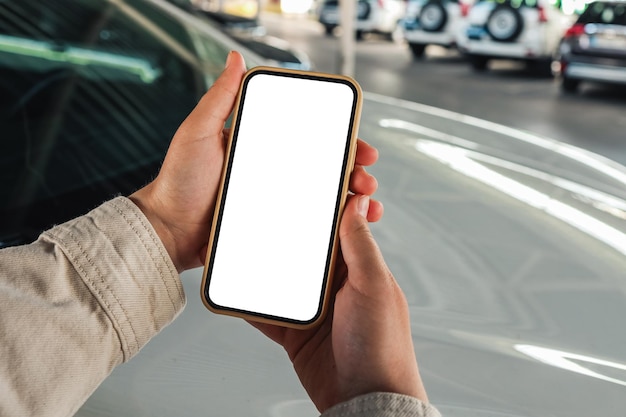 Mockup-Handy mit leerem Bildschirm für App- oder Website-Mockup-Promotion Ideal für Autohäuser, Autoservice, Online-Smart-Car-Konzept Autokauf online