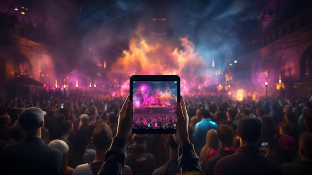 Mockup inteligente de tableta en un concierto de música en vivo con papel tapiz de fondo