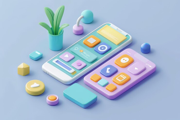 Foto mockup de la interfaz de la aplicación móvil para teléfonos inteligentes con interfaz de ui ux de toolkit ilustración 3d de estilo isométrico