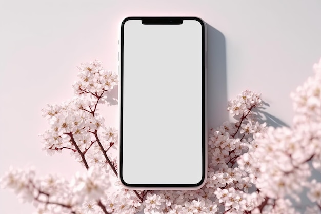 Mockup de iPhone con flores sobre fondo blanco