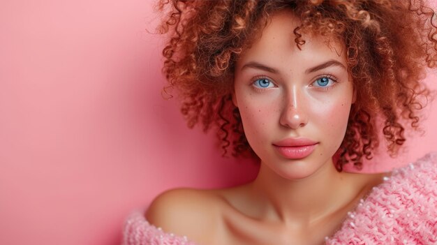 Foto mockup de una joven mujer latina rizada 2039s con ropa casual usando un teléfono celular y mirando a un lado en un espacio de copia blanca aislado en un fondo rosa pastel.