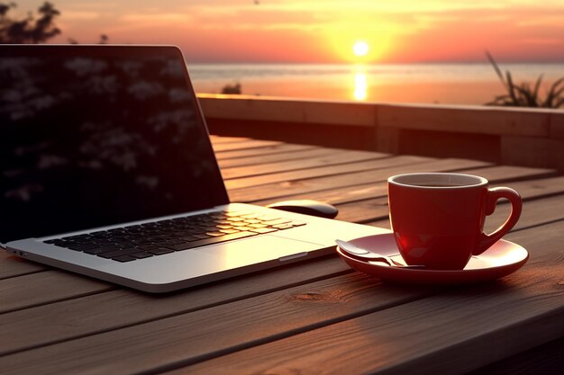 Mockup-Kaffee mit Laptop und Notizblock auf Holztisch bei Sonnenuntergang