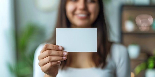 Mockup-Konzept einer jungen Frau, die eine Visitenkarte präsentiert