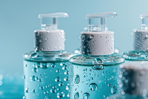 Mockup-Kosmetikflaschen mit blauer Flüssigkeit und Wassertropfen auf hellblauem Hintergrund
