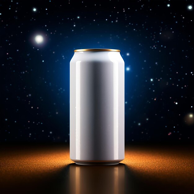 Mockup leere Aluminiumdose mit einem Getränk auf dem Hintergrund des Weltraums Universum gefüllt mit Sternen Galaxie