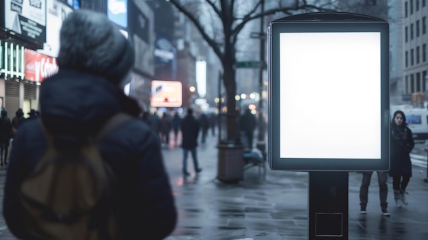 Foto mockup leere billboard an der bushaltestelle mitten in einer hauptverkehrszeit in der stadt mit verschwommenem bürger schaut auf die billboard verschwommenen menschen gehen im hintergrund