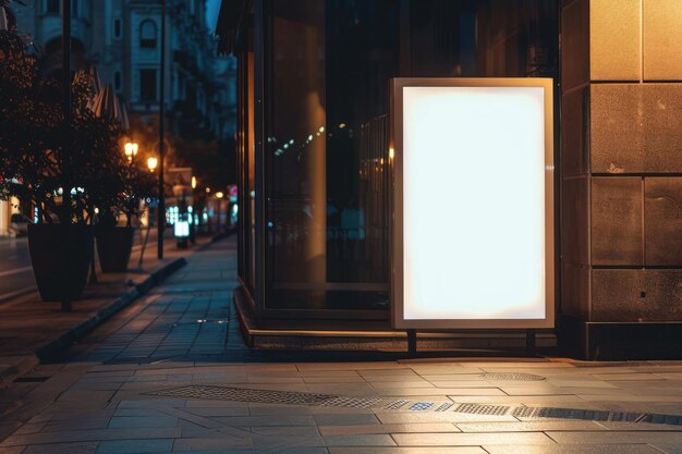 Mockup Leere weiße vertikale Werbebanner Plakattafel stehen auf dem Bürgersteig in der Nacht