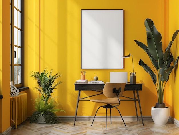 Foto mockup un lienzo de cartel vertical en blanco envuelto dentro de un modernista pintado de amarillo