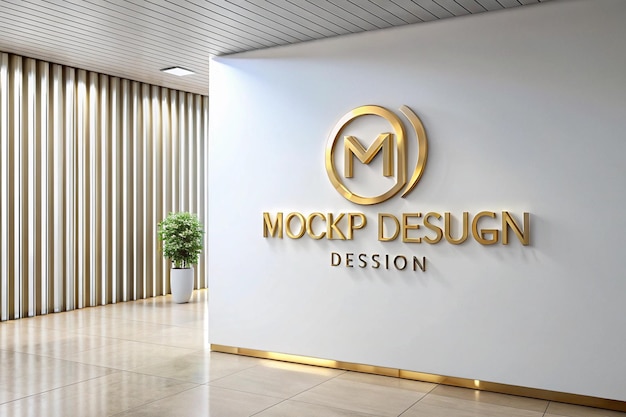 Mockup de logotipo dorado en 3D en la pared blanca