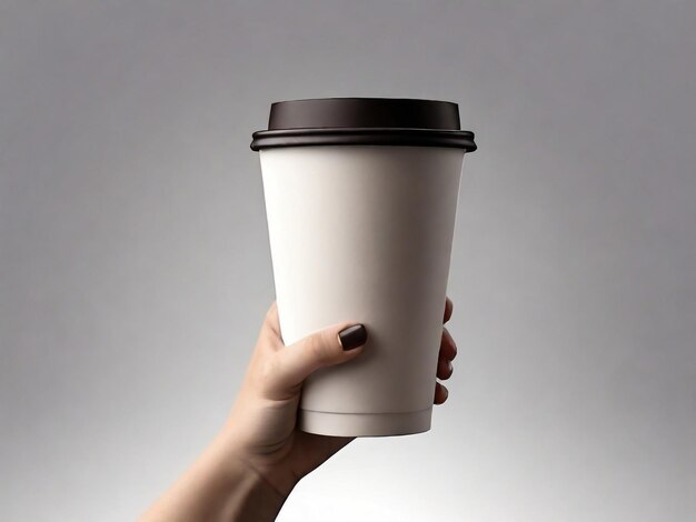 Mockup de una mano sosteniendo una taza de papel de café aislada en un fondo gris claro