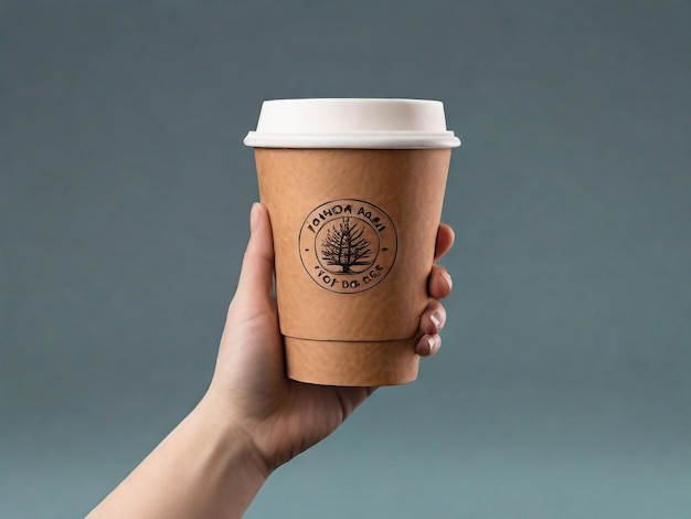 Mockup de una mano sosteniendo una taza de papel de café aislada en un fondo gris claro