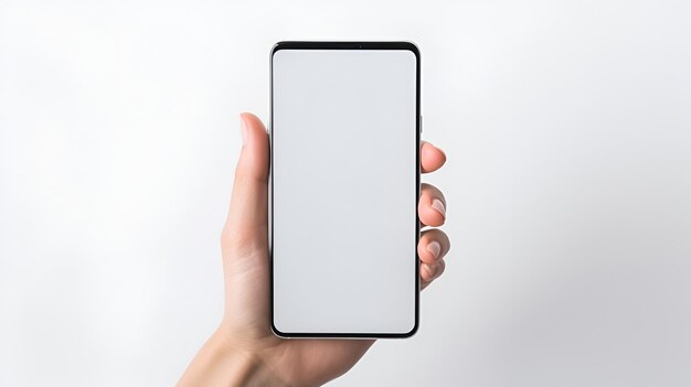 Foto mockup de una mano sosteniendo un teléfono inteligente con una pantalla en blanco y fondo blanco