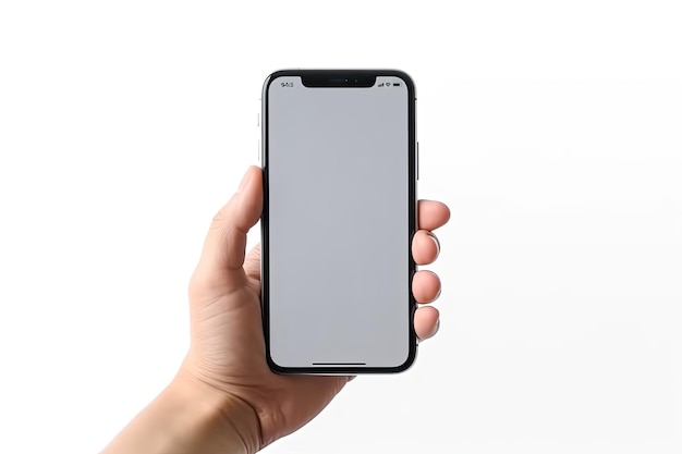 Mockup mano vacía sosteniendo smartphone fondo blanco.