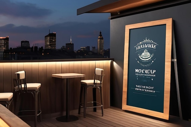 Mockup de marca de bares en la azotea Integra el logotipo en los menús de señalización al aire libre y la iluminación ambiental