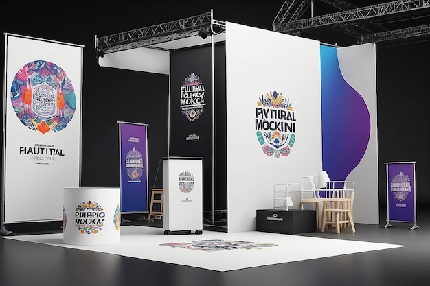 Foto mockup de marca cultural del festival presenta el logotipo en carteles de eventos, mercancía y diseños escénicos