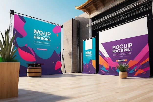 Mockup de marca cultural del festival Presenta el logotipo en carteles de eventos, mercancía y diseños escénicos