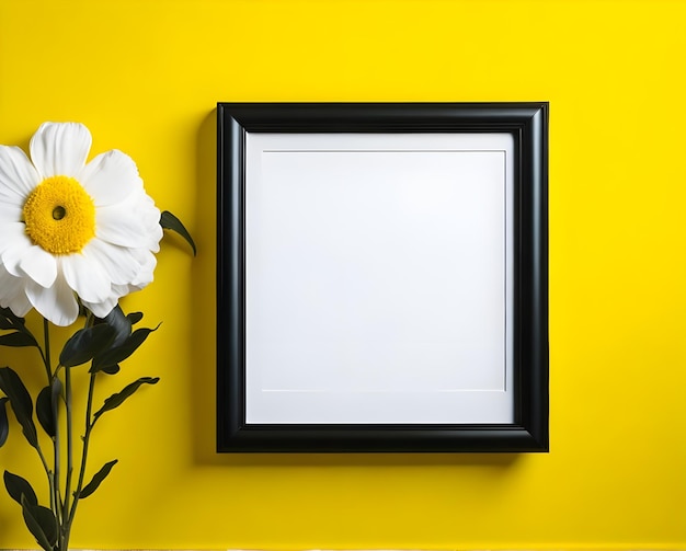 Mockup de marco en blanco en pared amarilla y flor ai generar