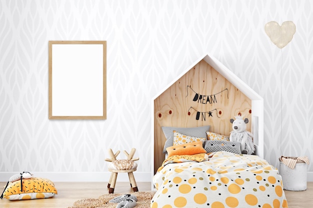 Mockup de marco estilo boho en habitación infantil