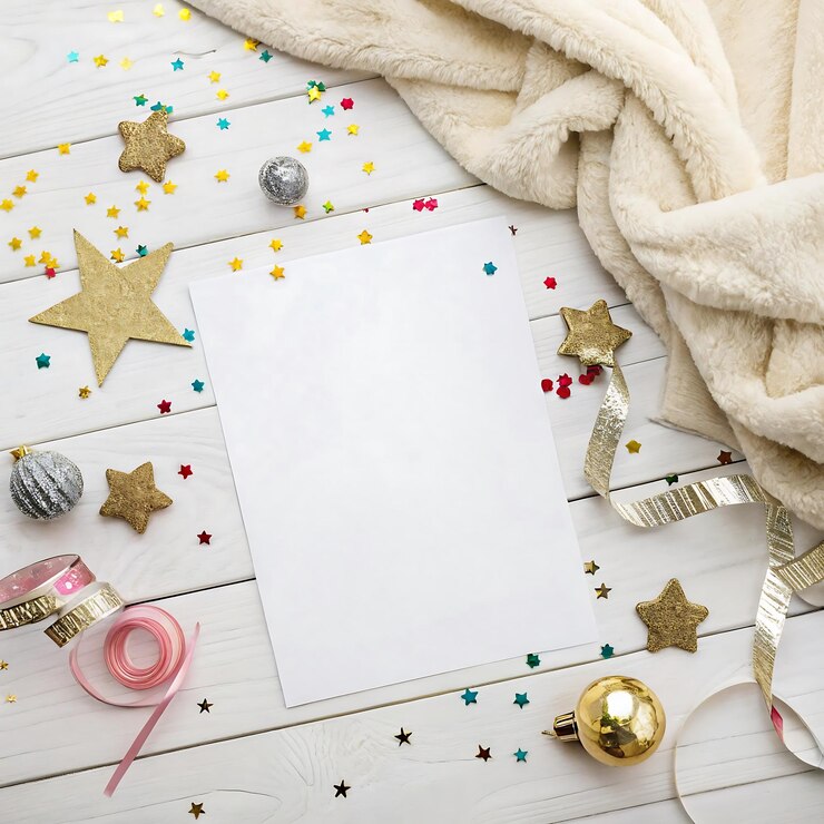 Mockup de mesa plana festiva con papel en blanco y decoraciones navideñas