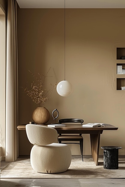 Mockup minimalistisches Heimbüro mit einer Wandfarbe in zartem hellgelb unbegrenzt ohne Wandfeko Farbe ultrarealistisch hyperdetailliert