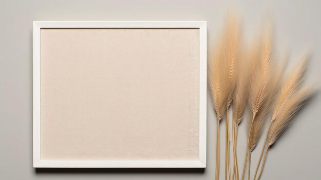 Foto mockup mit einem leeren fotorahmen, getrocknetem pampasgras und trendigen schatten auf einem stilvollen beige-pastellfarbenen hintergrund