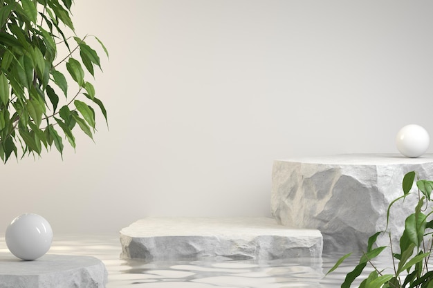 Mockup moderno Rock Podium Stand Naturaleza Concepto Agua Líquido Planta tropical Ilustración 3d Fondo abstracto