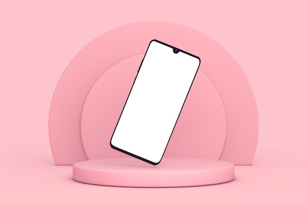 Mockup moderno teléfono móvil con pantalla en blanco para su diseño sobre productos de cilindros rosados Pedestal de escenario sobre un fondo rosa. Representación 3D