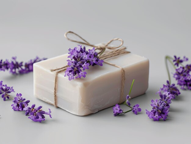 Mockup-Paket mit Seifenverpackung mit Lavendelseife auf weißem Hintergrund