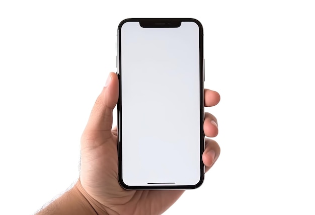 Mockup de pantalla en blanco de un teléfono inteligente con la mano aislado sobre un fondo blanco