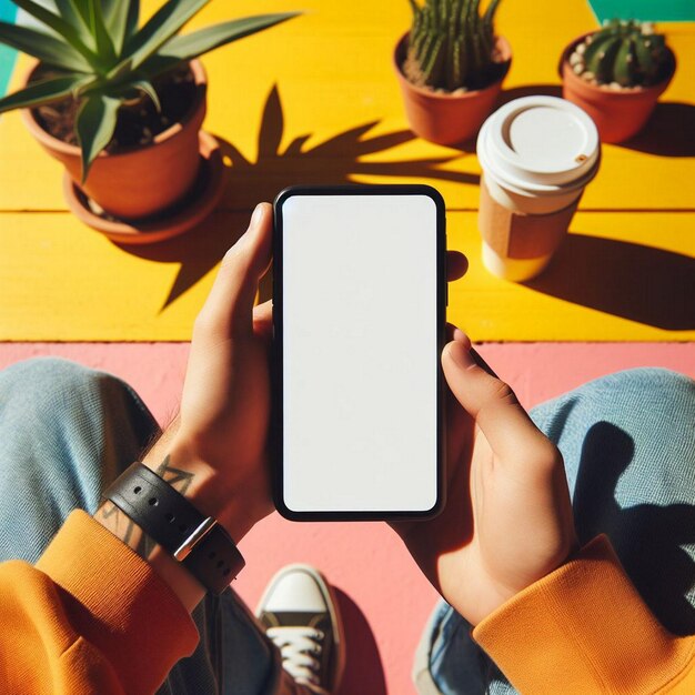 Foto mockup de pantalla en blanco de teléfono inteligente manos de la gente colocadas planas