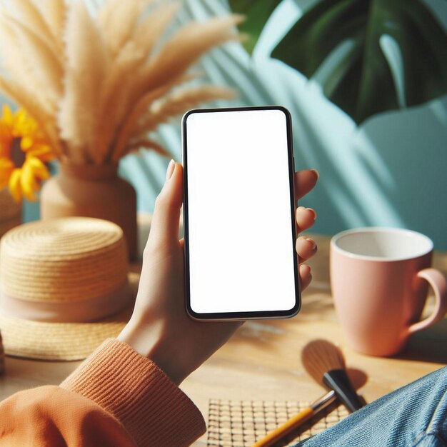 Foto mockup de pantalla en blanco de teléfono inteligente manos de la gente colocadas planas