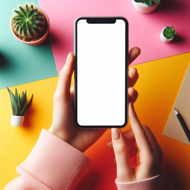 Mockup de pantalla en blanco de teléfono inteligente manos de la gente colocadas planas